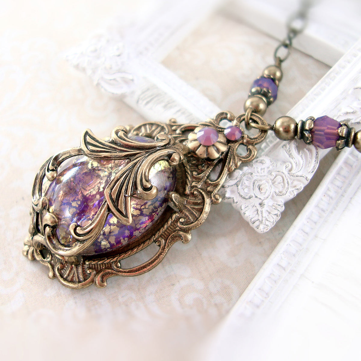 Collier Pendentif Skalli Vintage Années 90 - Cabochon Résine Violet, Métal Argenté, Occasion
