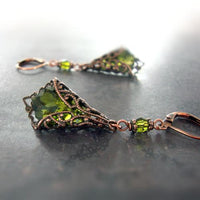 Filigree Wrapped Earrings with Olive Green Crystals