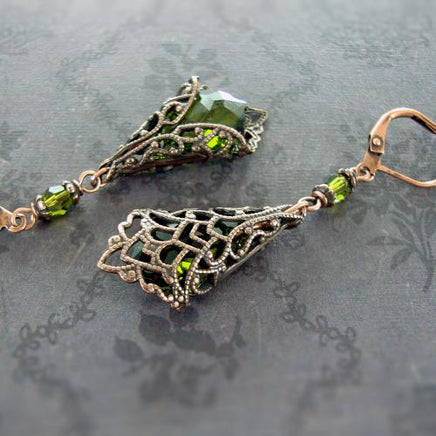 Filigree Wrapped Earrings with Olive Green Crystals back view