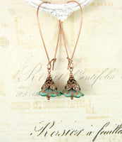 Aqua Blue and Copper Long Flower Earrings