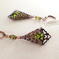 Filigree Wrapped Earrings with Olive Green Crystals