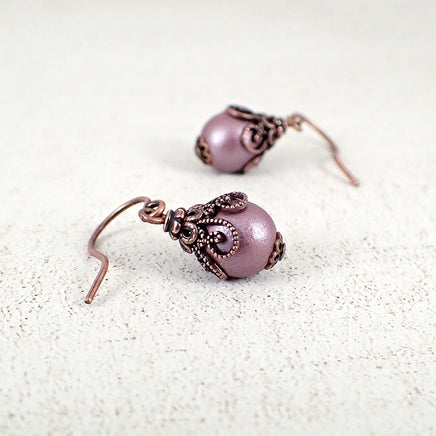 Mauve Victorian Style Glass Pearl Earrings