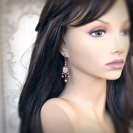 Rose Gold Pearl and Copper Floral Chandelier Earrings