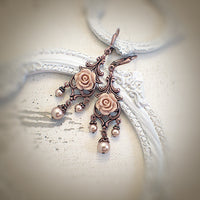 Rose Gold Pearl and Copper Floral Chandelier Earrings