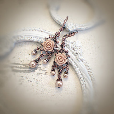 Rose Gold Pearl and Copper Floral Chandelier Earrings