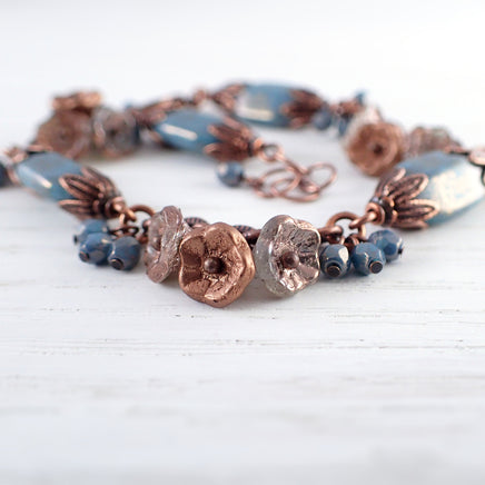 Turquoise Blue and Copper Flower Cluster Bracelet view 2