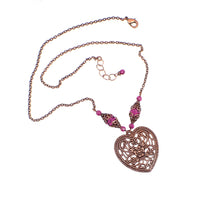 Antiqued Copper and Fuchsia Romantic Filigree Heart Pendant Necklace