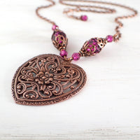 Antiqued Copper and Fuchsia Romantic Filigree Heart Pendant Necklace