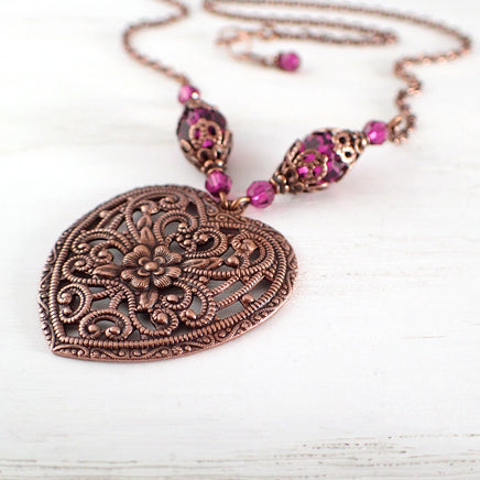 Antiqued Copper and Fuchsia Romantic Filigree Heart Pendant Necklace
