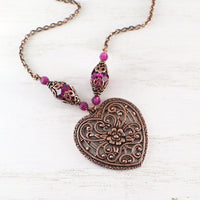Antiqued Copper and Fuchsia Romantic Filigree Heart Pendant Necklace