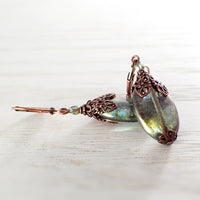 Large Rustic Green Bead Copper Leverback Earrings