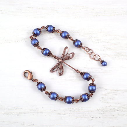 Iridescent Dark Blue and Copper Dragonfly Bracelet view 2