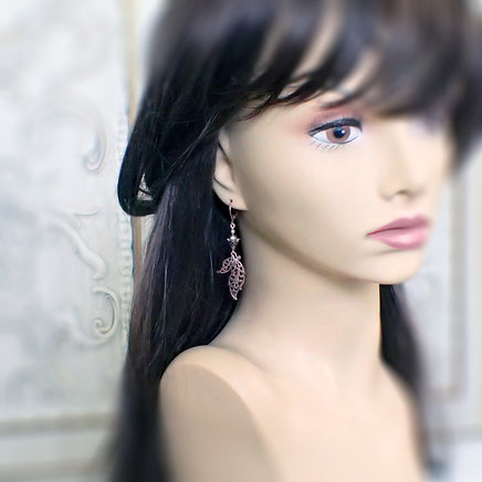 Iridescent Green and Copper Fantasy Leaf Earrings mannequin view