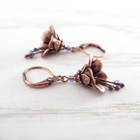 Lustered Purple and Copper Flower Dangle Earrings