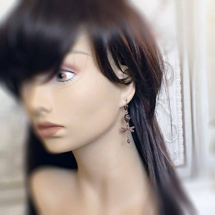 Purple and Copper Dragonfly Earrings mannequin view