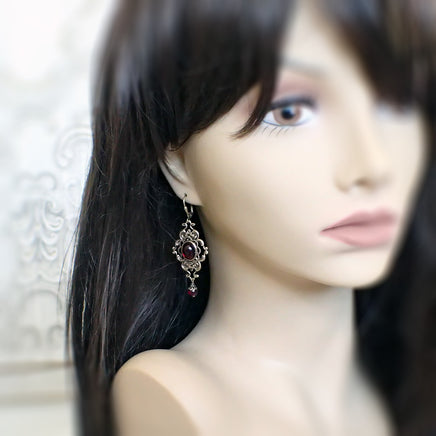 Blood Red Cabochon and Filigree Earrings mannequin view