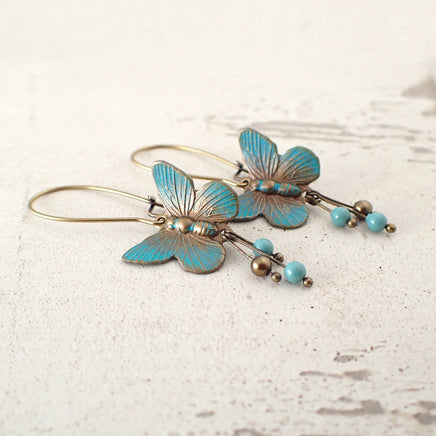 handmade Verdigris Butterfly Earrings in Antiqued Brass
