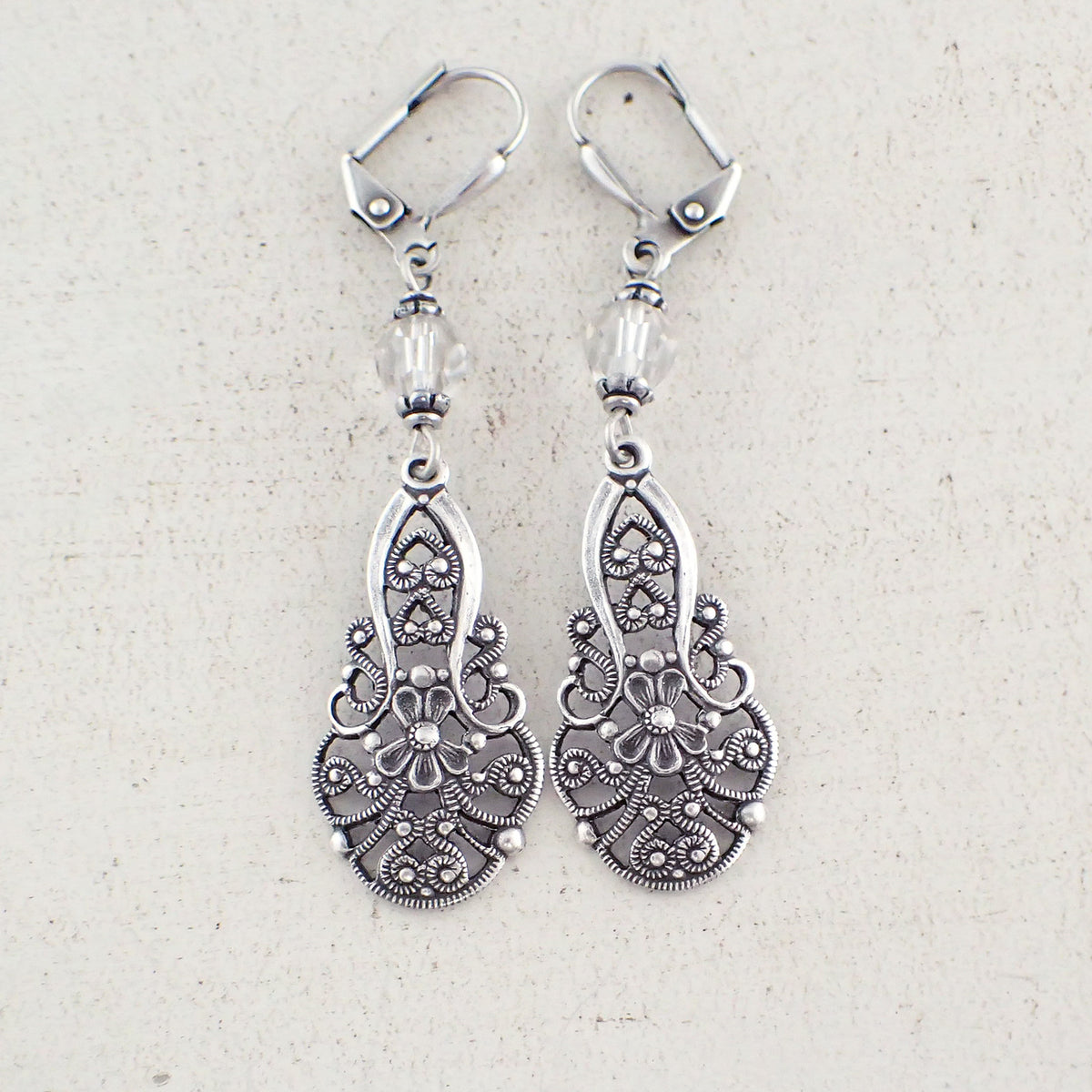 Lacy Silver Victorian Filigree Drop Earrings Ardent Hearts