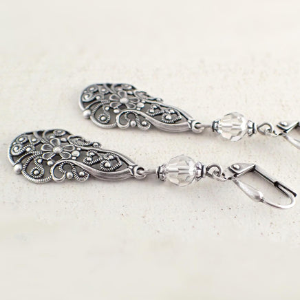 Lacy Silver Victorian Filigree Drop Earrings