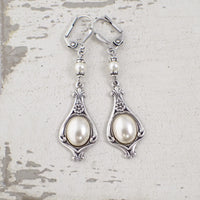 Silver Victorian Ivory Pearl Cabochon Earrings view 2