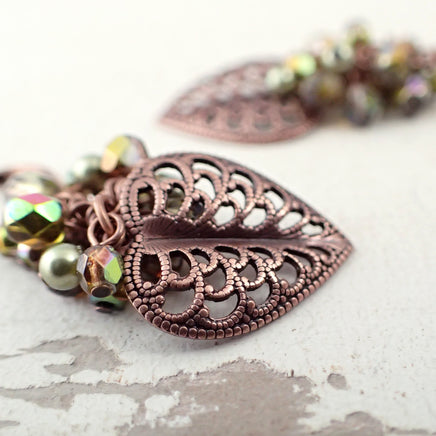 Light Green Cluster Filigree Leaf Earrings close up