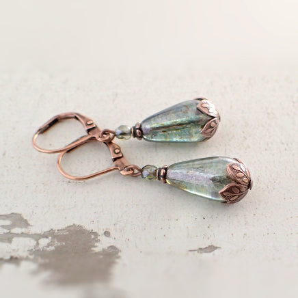 Luminous Green and Copper Teardrop Earrings view 2
