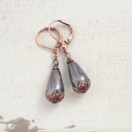 Luminous Green and Copper Teardrop Earrings top view