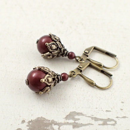 Burgundy Pearl Victorian Style Earrings