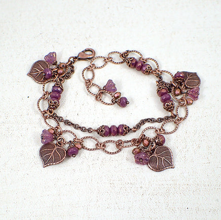 Heart Shaped Leaf and Flower Cluster Chain Bracelet