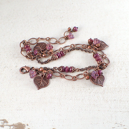 Heart Shaped Leaf and Flower Cluster Chain Bracelet