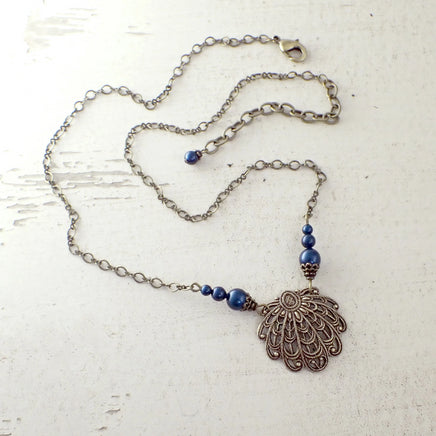 Victorian Filigree Seashell Necklace in Dark Teal