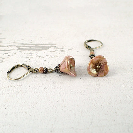 Dusty Pink Long Flower Dangle Earrings detail view