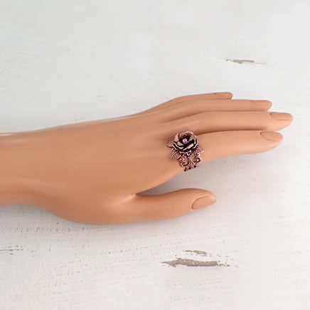 Copper Rose Filigree Ring with Pink Crystals on model