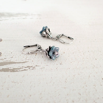 Dainty Teal and Silver Flower Earrings view 3