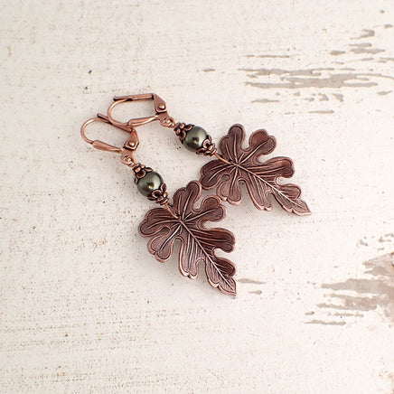 Dark Green and Copper Oak Leaf Earrings view 2