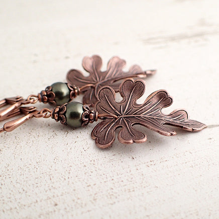 Dark Green and Copper Oak Leaf Earrings view 3