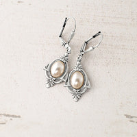Art Deco Pearl Cabochon Earrings in Antiqued Silver Finish
