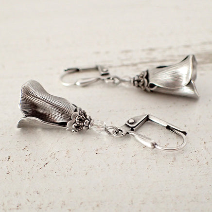 Antiqued Silver Tulip Flower Earrings view 2