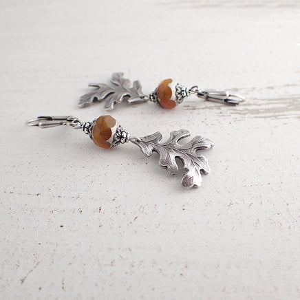 Rust Orange and Silver Oak Leaf Earrings view 2