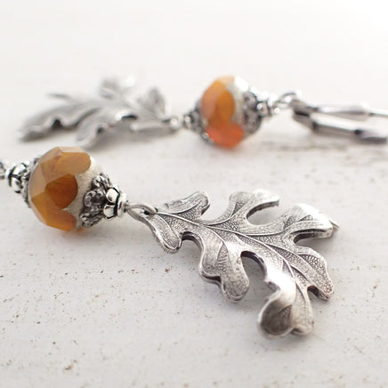 Rust Orange and Silver Oak Leaf Earrings view 3