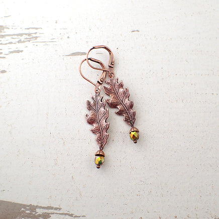 Copper Oak Leaf and Acorn Dangle Earrings view 2