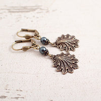 Bronze Seashell Earrings with Dark Teal Pearls