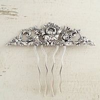 Floral Victorian Hair Comb in Antiqued Silver