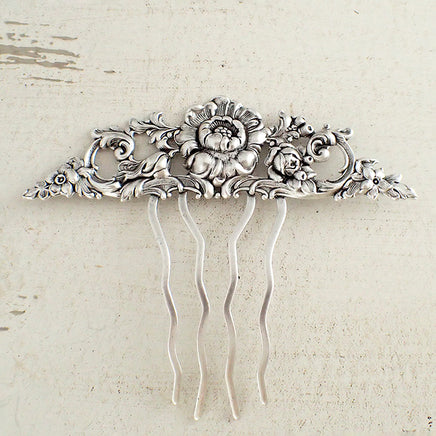 Floral Victorian Hair Comb in Antiqued Silver