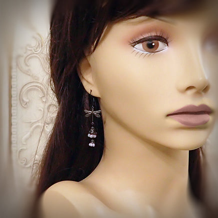 Black Metal Dragonfly Floral Earrings