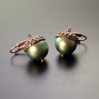 Acorn Earrings with Iridescent Light Green Crystal Simulated Pearls and Antiqued Copper