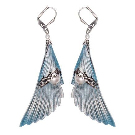 Ethereal Iridescent Blue and Silver Angel Wing Earrings