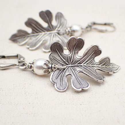 Antiqued Silver Oak Leaf Earrings with White Swarovski Pearls