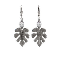 Antiqued Silver Oak Leaf Earrings with White Crystal Simulated Pearls