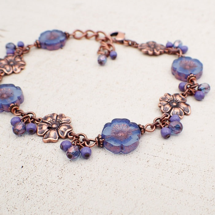 beaded lavender flower Lavender and Blue Translucent Czech Glass Flower Beaded Bracelet| Ardent Hearts Designs